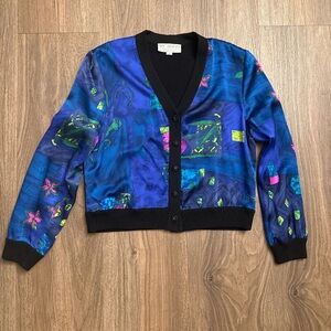 Vintage St. John silk Colorful Patterned Cardigan with knit back